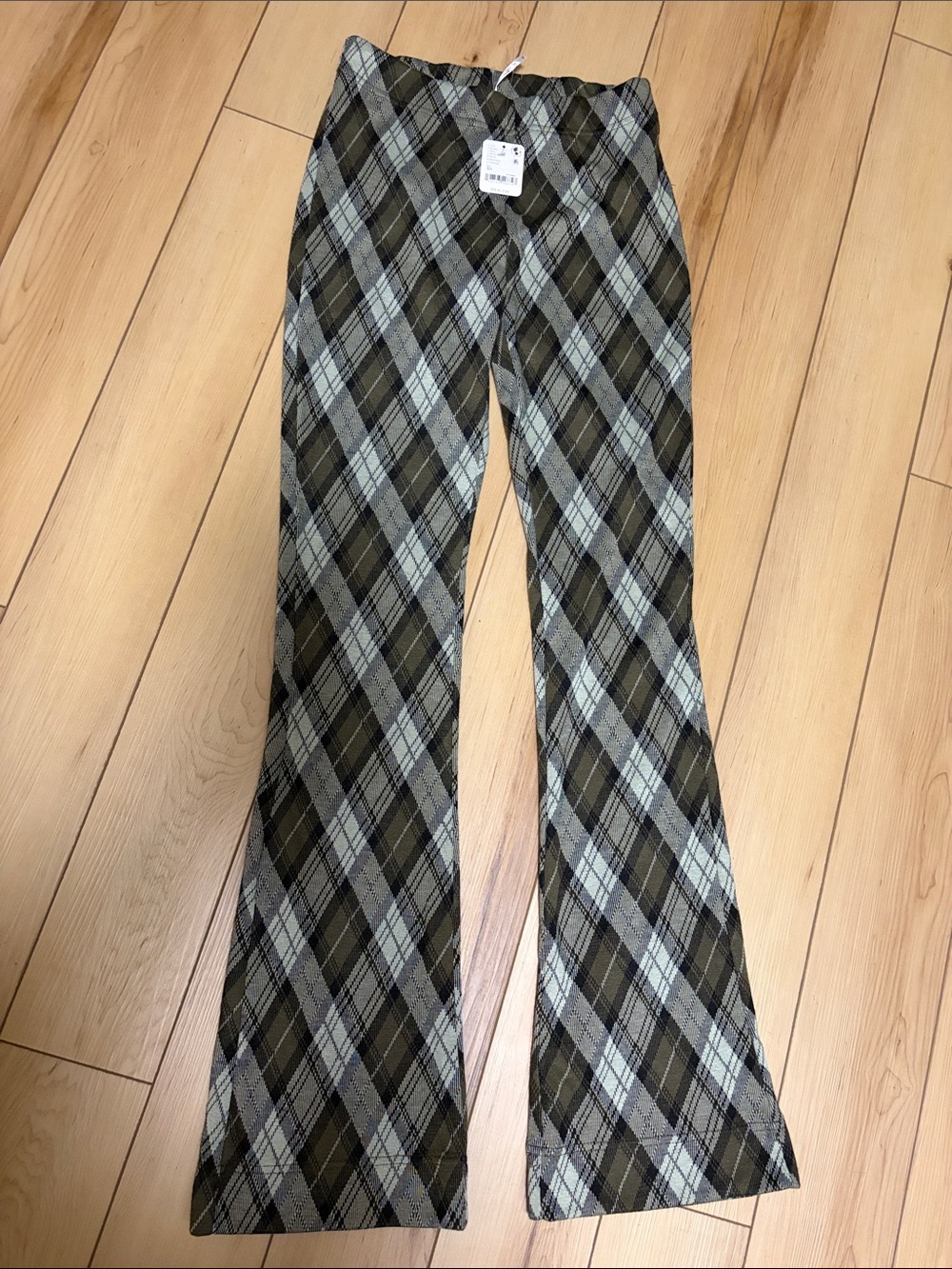 Free People Olive and Gray Plaid Flare Jeans
